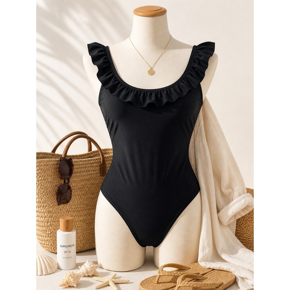 Sugar Coast Black Ruffle Swimsuit Sz M | Scoop Neck Flounce Trim Open Back Chic